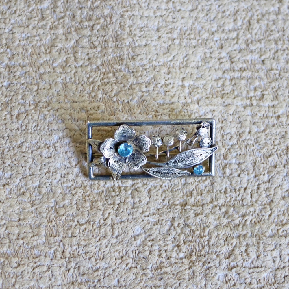 Vintage Sterling Brooch with Blue Rhinestones - Circa 1930s or 40s
